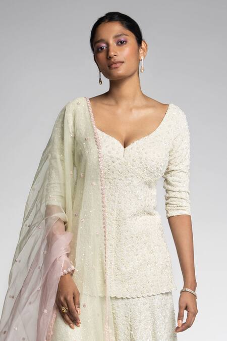 Madzin_Off White Organza, Georgette, Silk Embroidery, Beads Aari Kurta Sharara Set _Online_at_Aza_Fashions