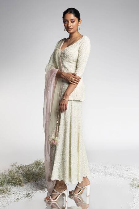 Buy_Madzin_Off White Organza, Georgette, Silk Embroidery, Beads Aari Kurta Sharara Set _Online_at_Aza_Fashions