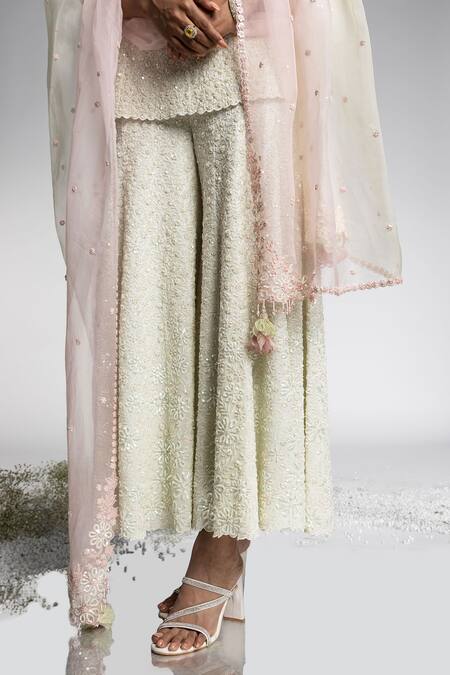 Shop_Madzin_Off White Organza, Georgette, Silk Embroidery, Beads Aari Kurta Sharara Set _Online_at_Aza_Fashions