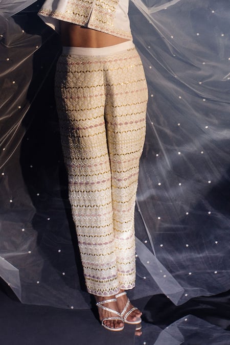 Shop_Madzin_White Silk Embroidery Round Neck Aari Jacket With Pant _Online_at_Aza_Fashions