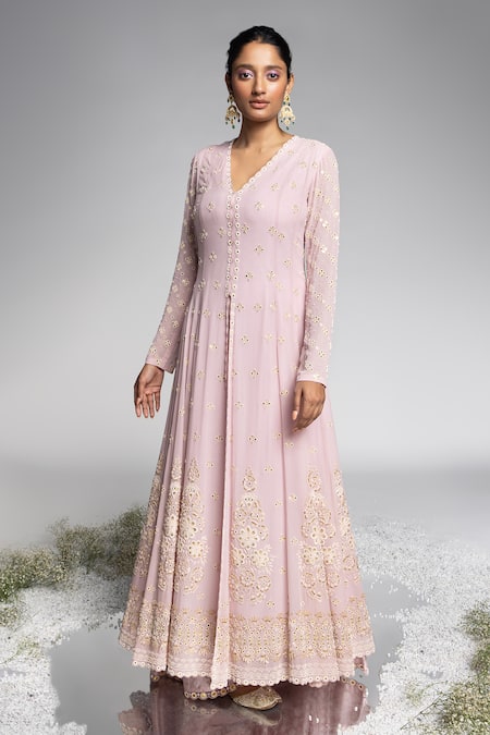 Madzin_Purple Georgette, Modal, Cotton, Chiffon Hand Kalidar Jacket With Sharara _Online_at_Aza_Fashions