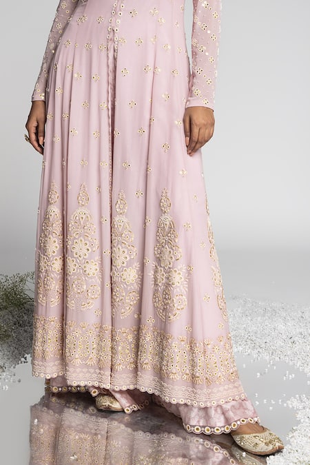 Shop_Madzin_Purple Georgette, Modal, Cotton, Chiffon Hand Kalidar Jacket With Sharara _Online_at_Aza_Fashions