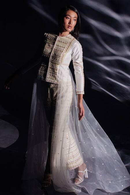 Buy_Madzin_White Silk Embroidery Round Neck Aari Jacket With Pant 