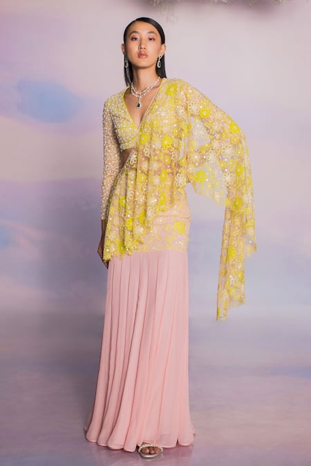 Madzin Pre-Draped Two Tone Embroidered Saree With Blouse 