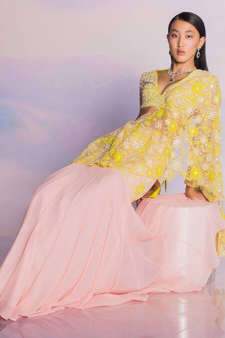 Madzin_Green Net, Chiffon, Georgette Sequins, Pre-draped Two Tone Saree With Blouse _Online_at_Aza_Fashions