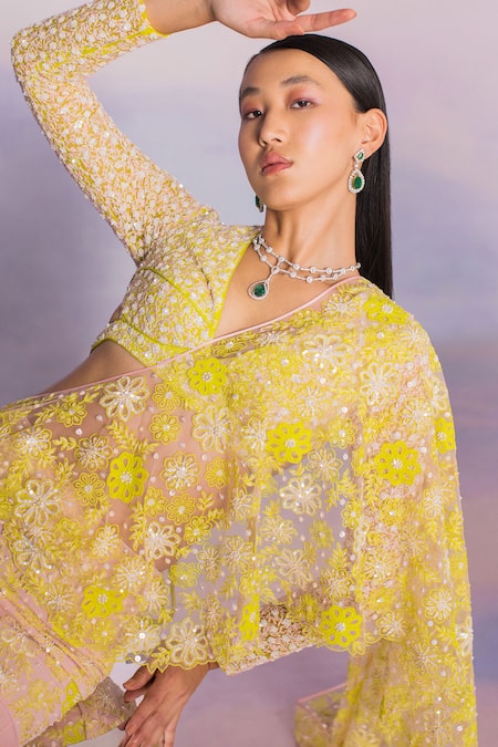 Buy_Madzin_Green Net, Chiffon, Georgette Sequins, Pre-draped Two Tone Saree With Blouse _Online_at_Aza_Fashions