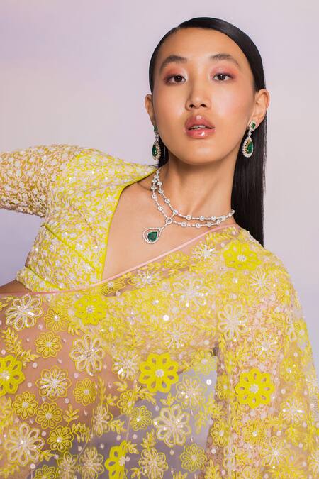 Shop_Madzin_Green Net, Chiffon, Georgette Sequins, Pre-draped Two Tone Saree With Blouse _Online_at_Aza_Fashions