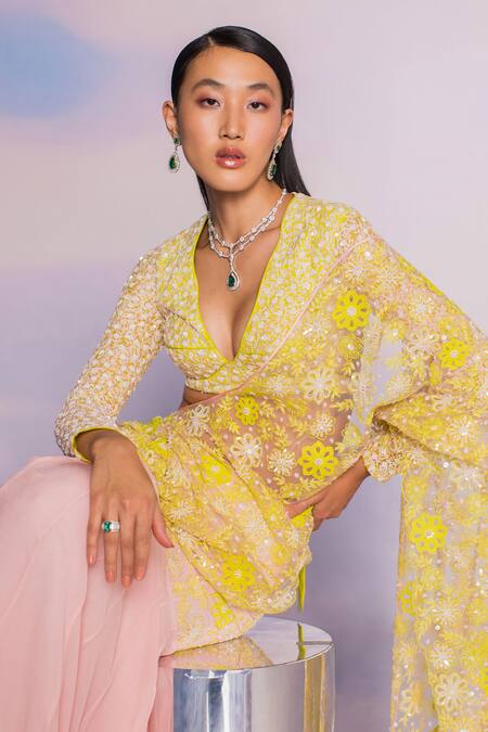 Madzin_Green Net, Chiffon, Georgette Sequins, Pre-draped Two Tone Saree With Blouse _at_Aza_Fashions