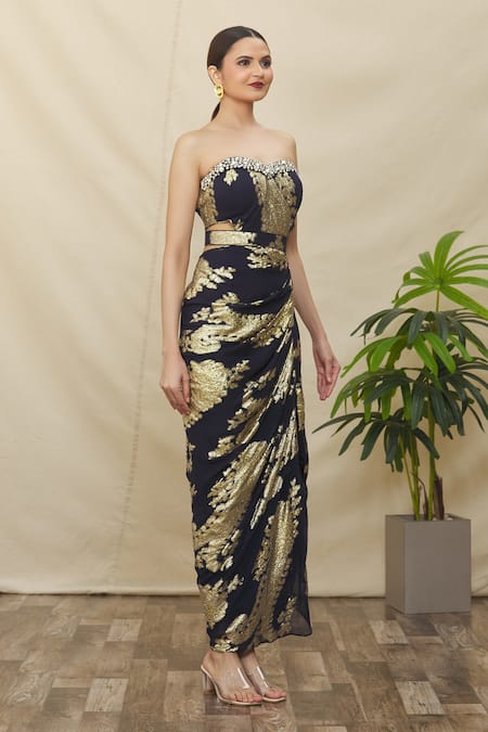 Naintara Bajaj_Blue Georgette, Brocade Stones, Embroidery Paisley Lurex Draped Dress _Online_at_Aza_Fashions