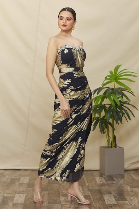 Buy_Naintara Bajaj_Blue Georgette, Brocade Stones, Embroidery Paisley Lurex Draped Dress _Online_at_Aza_Fashions