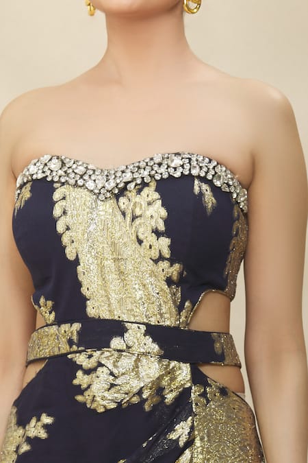 Shop_Naintara Bajaj_Blue Georgette, Brocade Stones, Embroidery Paisley Lurex Draped Dress _Online_at_Aza_Fashions