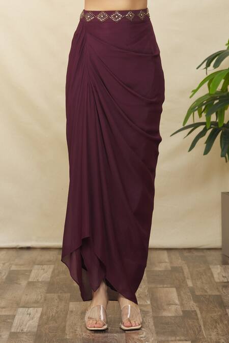 Samyukta Singhania_Wine Crepe Sequins, Stones, Beads Sweetheart Embroidered Cape Draped Skirt Set _at_Aza_Fashions