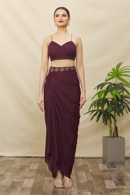 Samyukta Singhania_Wine Crepe Sequins, Stones, Beads Sweetheart Embroidered Cape Draped Skirt Set _Online_at_Aza_Fashions