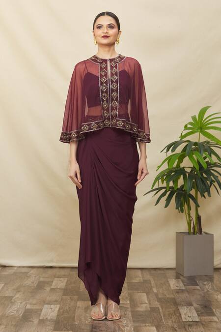 Buy_Samyukta Singhania_Wine Crepe Sequins, Stones, Beads Sweetheart Embroidered Cape Draped Skirt Set _Online_at_Aza_Fashions