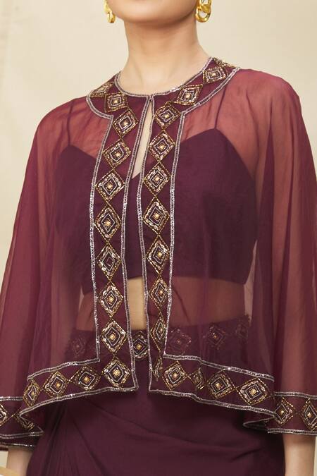 Shop_Samyukta Singhania_Wine Crepe Sequins, Stones, Beads Sweetheart Embroidered Cape Draped Skirt Set _Online_at_Aza_Fashions