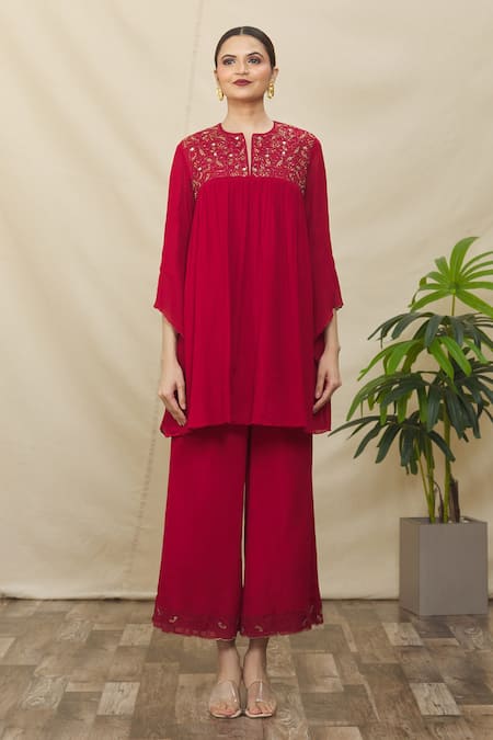 Samyukta Singhania Red Crepe Cut Work, Embroidery Round Neck Pleated Short Tunic And Pant Set Online at Aza Fashions Samyukta Singhania_Red Crepe Cut Work, Embroidery Round Neck Pleated Short Tunic And Pant Set _Online_at_Aza_Fashions