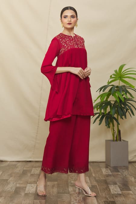 Buy Samyukta Singhania Red Crepe Cut Work, Embroidery Round Neck Pleated Short Tunic And Pant Set Online at Aza Fashions Buy_Samyukta Singhania_Red Crepe Cut Work, Embroidery Round Neck Pleated Short Tunic And Pant Set _Online_at_Aza_Fashions