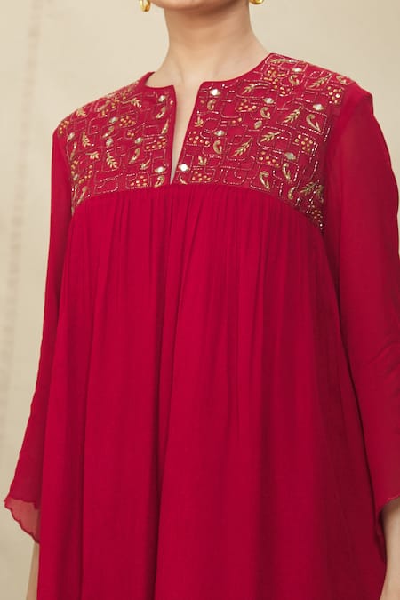 Shop Samyukta Singhania Red Crepe Cut Work, Embroidery Round Neck Pleated Short Tunic And Pant Set Online at Aza Fashions Shop_Samyukta Singhania_Red Crepe Cut Work, Embroidery Round Neck Pleated Short Tunic And Pant Set _Online_at_Aza_Fashions