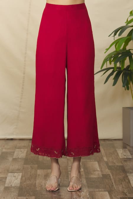 Samyukta Singhania Red Crepe Cut Work, Embroidery Round Neck Pleated Short Tunic And Pant Set at Aza Fashions Samyukta Singhania_Red Crepe Cut Work, Embroidery Round Neck Pleated Short Tunic And Pant Set _at_Aza_Fashions