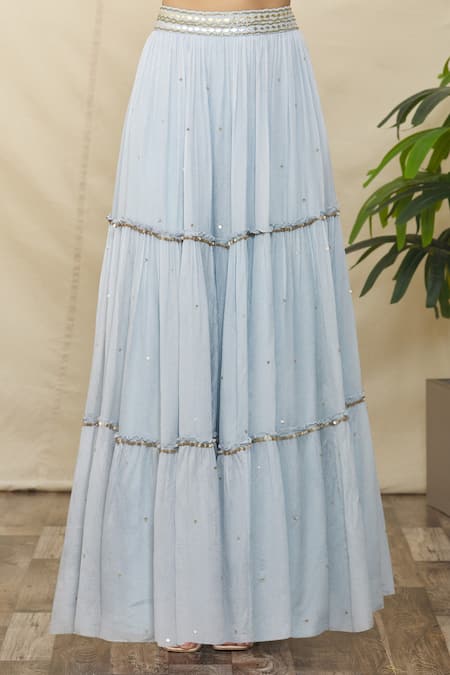 Naintara Bajaj_Blue Net, Crepe, Silk Sequins, Gota Patti Plunge Embroidered Tiered Lehenga Set _at_Aza_Fashions