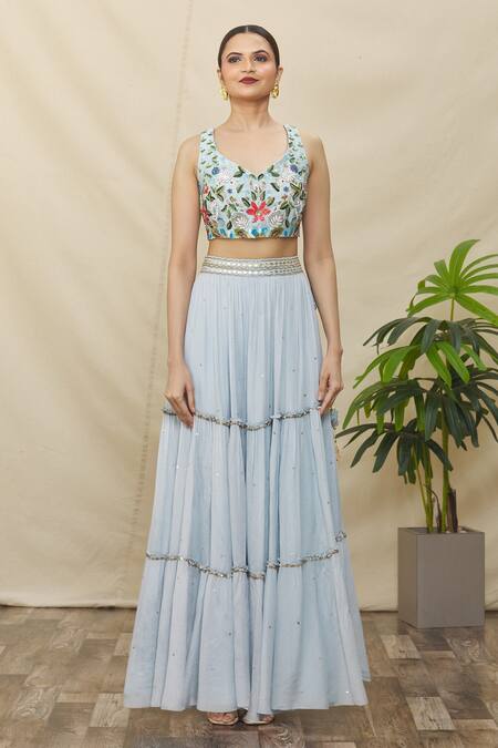 Naintara Bajaj_Blue Net, Crepe, Silk Sequins, Gota Patti Plunge Embroidered Tiered Lehenga Set _Online_at_Aza_Fashions