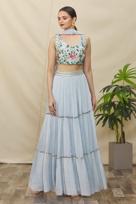 Buy_Naintara Bajaj_Blue Net, Crepe, Silk Sequins, Gota Patti Plunge Embroidered Tiered Lehenga Set _Online_at_Aza_Fashions
