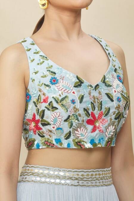 Shop_Naintara Bajaj_Blue Net, Crepe, Silk Sequins, Gota Patti Plunge Embroidered Tiered Lehenga Set _Online_at_Aza_Fashions