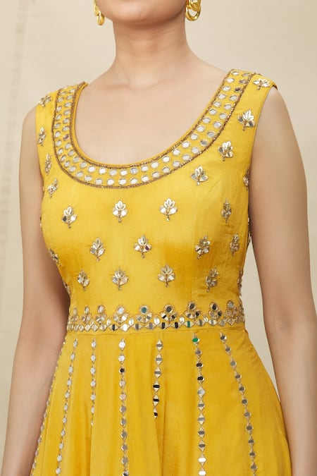Buy_Samyukta Singhania_Yellow Crepe, Net Embroidery, Mirrors, Cut Work Round Peplum Kurta Gharara Set _Online_at_Aza_Fashions