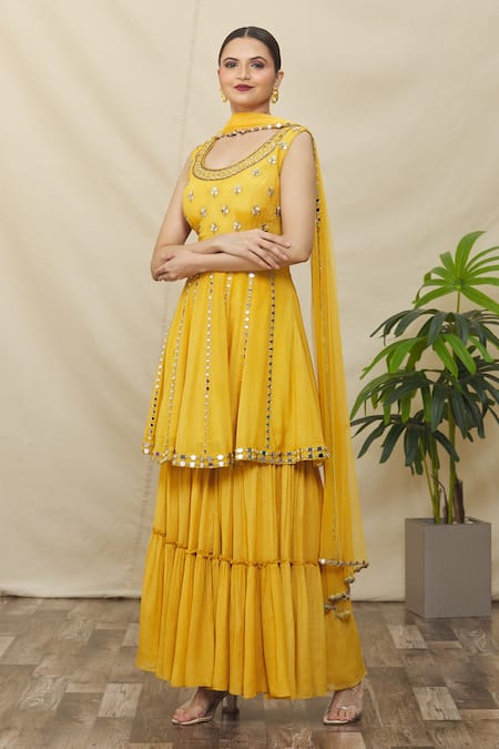 Shop_Samyukta Singhania_Yellow Crepe, Net Embroidery, Mirrors, Cut Work Round Peplum Kurta Gharara Set _Online_at_Aza_Fashions