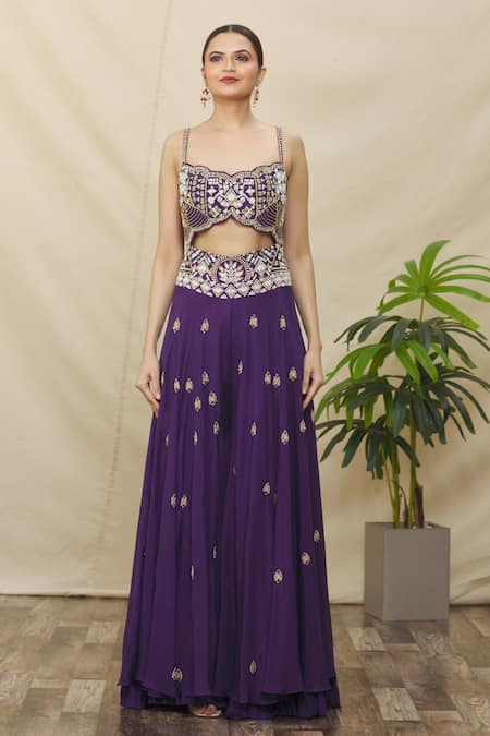 Samyukta Singhania_Purple Crepe, Silk Beads, Embroidery Scoop Neck Front Cut Out Jumpsuit _Online_at_Aza_Fashions