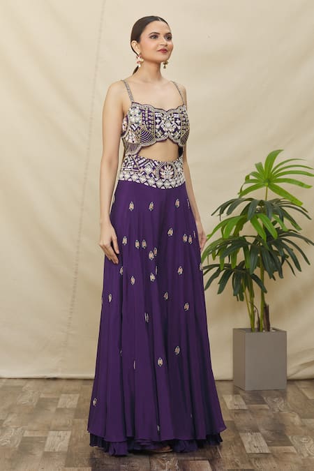 Buy_Samyukta Singhania_Purple Crepe, Silk Beads, Embroidery Scoop Neck Front Cut Out Jumpsuit _Online_at_Aza_Fashions