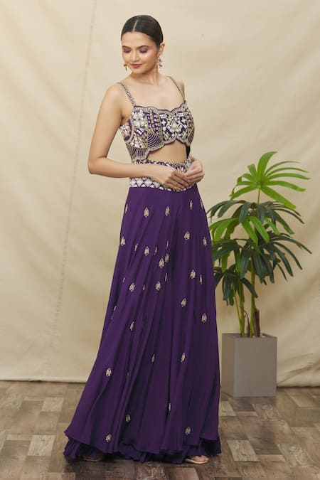 Shop_Samyukta Singhania_Purple Crepe, Silk Beads, Embroidery Scoop Neck Front Cut Out Jumpsuit _Online_at_Aza_Fashions