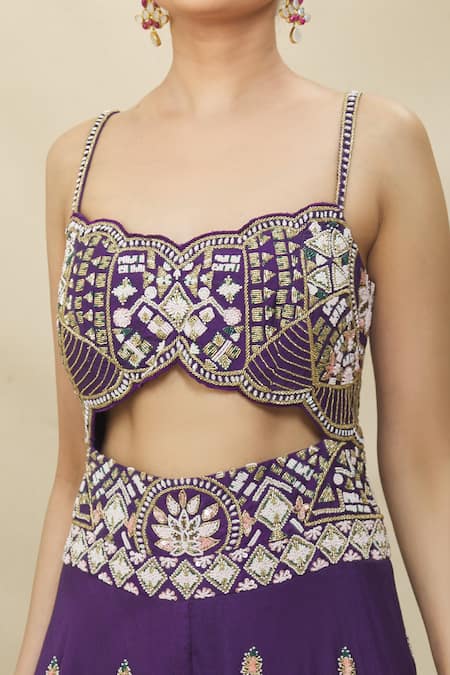 Samyukta Singhania_Purple Crepe, Silk Beads, Embroidery Scoop Neck Front Cut Out Jumpsuit _at_Aza_Fashions