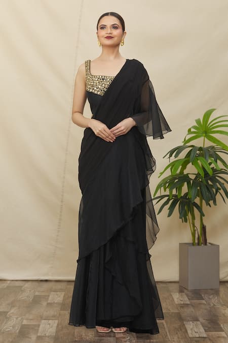 Samyukta Singhania Black Georgette, Organza, Silk Mirrors Ruffle Pre-draped Saree With Blouse at Aza Fashions Samyukta Singhania_Black Georgette, Organza, Silk Mirrors Ruffle Pre-draped Saree With Blouse _at_Aza_Fashions