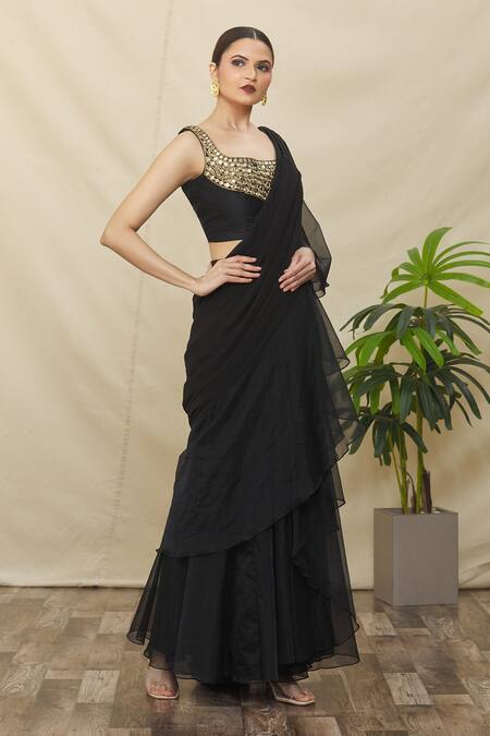 Samyukta Singhania Black Georgette, Organza, Silk Mirrors Ruffle Pre-draped Saree With Blouse Online at Aza Fashions Samyukta Singhania_Black Georgette, Organza, Silk Mirrors Ruffle Pre-draped Saree With Blouse _Online_at_Aza_Fashions