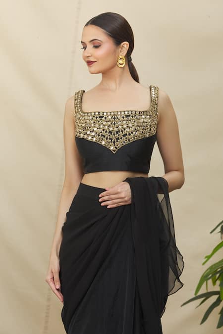 Buy Samyukta Singhania Black Georgette, Organza, Silk Mirrors Ruffle Pre-draped Saree With Blouse Online at Aza Fashions Buy_Samyukta Singhania_Black Georgette, Organza, Silk Mirrors Ruffle Pre-draped Saree With Blouse _Online_at_Aza_Fashions