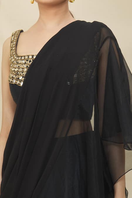 Shop Samyukta Singhania Black Georgette, Organza, Silk Mirrors Ruffle Pre-draped Saree With Blouse Online at Aza Fashions Shop_Samyukta Singhania_Black Georgette, Organza, Silk Mirrors Ruffle Pre-draped Saree With Blouse _Online_at_Aza_Fashions