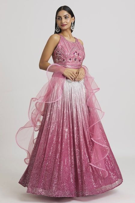 Khwaab by Sanjana Lakhani Pink Blouse Silk Embroidered Sequin Round And Mirror Lehenga Set