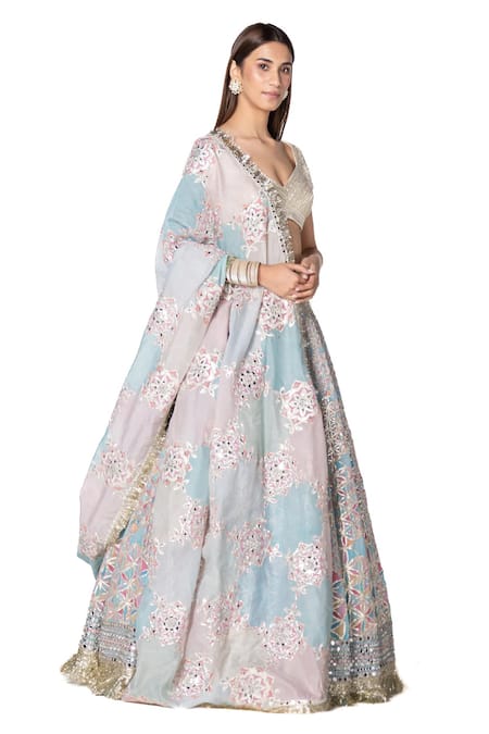 Abhinav Mishra Multi Color Lehenga And Dupatta- Chanderi Printed Floral Bridal Set