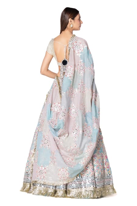Shop_Abhinav Mishra_Multi Color Lehenga And Dupatta- Chanderi Printed Floral Bridal Set _at_Aza_Fashions