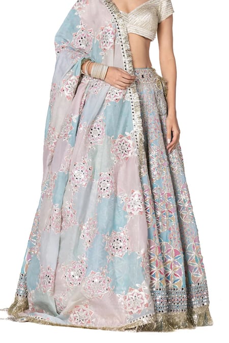 Abhinav Mishra_Multi Color Lehenga And Dupatta- Chanderi Printed Floral Bridal Set _Online_at_Aza_Fashions