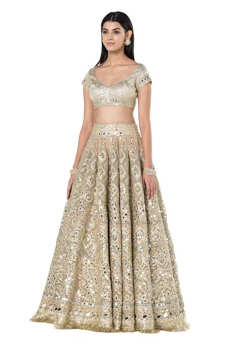 Abhinav Mishra_Beige Net Embroidered Mirror Leaf Floral Bridal Lehenga Set _Online_at_Aza_Fashions