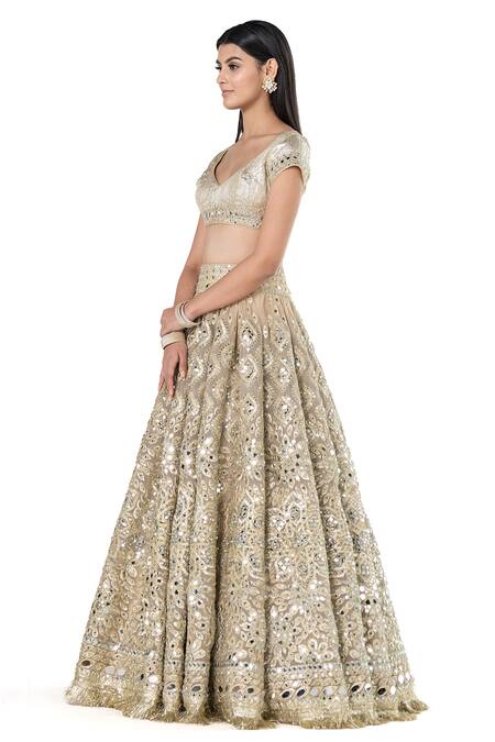 Buy_Abhinav Mishra_Beige Net Embroidered Mirror Leaf Floral Bridal Lehenga Set _Online_at_Aza_Fashions