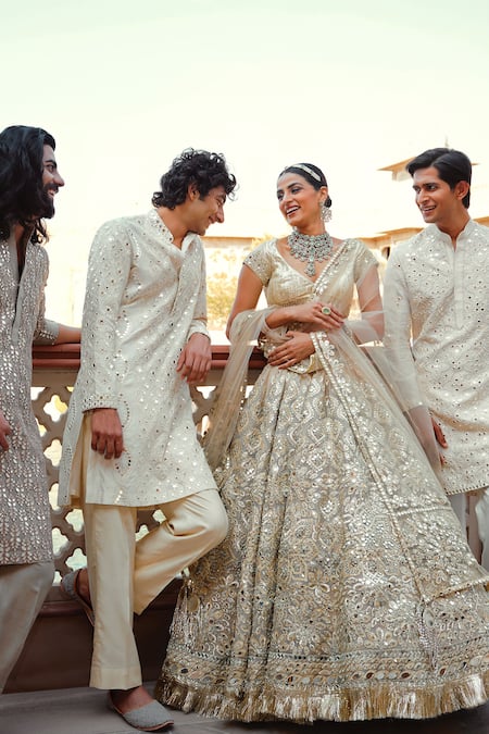 Shop_Abhinav Mishra_Beige Net Embroidered Mirror Leaf Floral Bridal Lehenga Set _Online_at_Aza_Fashions