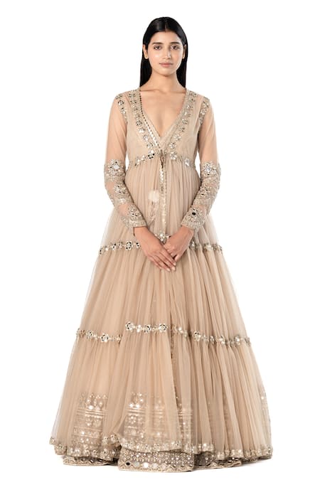 Abhinav Mishra Beige Anarkali- Organza Embroidered Mirror Plunged V Tiered Jacket And Set