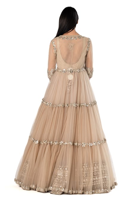 Shop_Abhinav Mishra_Beige Anarkali- Organza Embroidered Mirror Plunged V Tiered Jacket And Set _at_Aza_Fashions