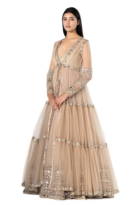 Buy_Abhinav Mishra_Beige Anarkali- Organza Embroidered Mirror Plunged V Tiered Jacket And Set _Online_at_Aza_Fashions