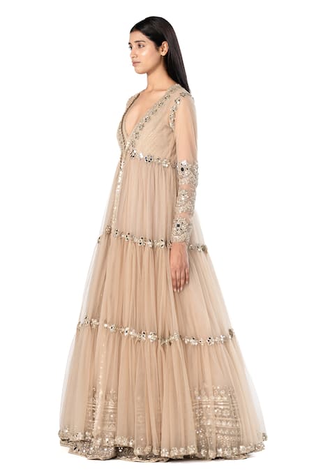 Shop_Abhinav Mishra_Beige Anarkali- Organza Embroidered Mirror Plunged V Tiered Jacket And Set _Online_at_Aza_Fashions