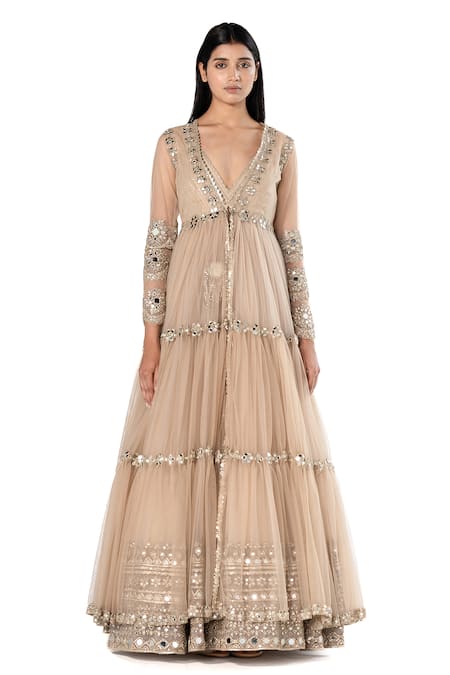 Abhinav Mishra_Beige Anarkali- Organza Embroidered Mirror Plunged V Tiered Jacket And Set _at_Aza_Fashions