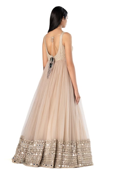 Buy_Abhinav Mishra_Beige Anarkali- Organza Embroidered Mirror Plunged V Tiered Jacket And Set 